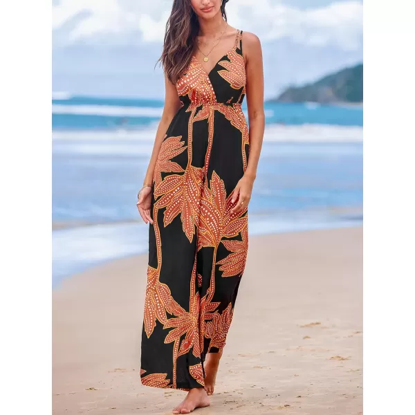 imageCUPSHE Womens Jumpsuits Floral Sleeveless V Neck Overall Wide Leg Outfit Casual BeachBlack