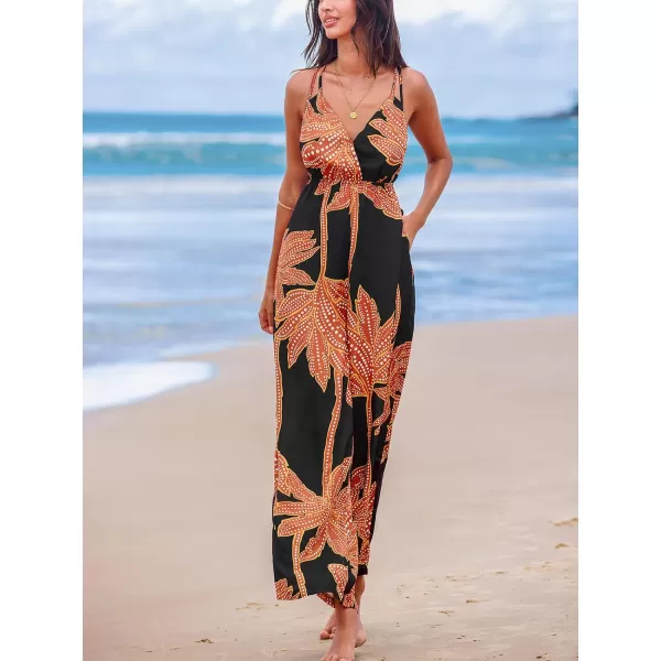 imageCUPSHE Womens Jumpsuits Floral Sleeveless V Neck Overall Wide Leg Outfit Casual BeachBlack