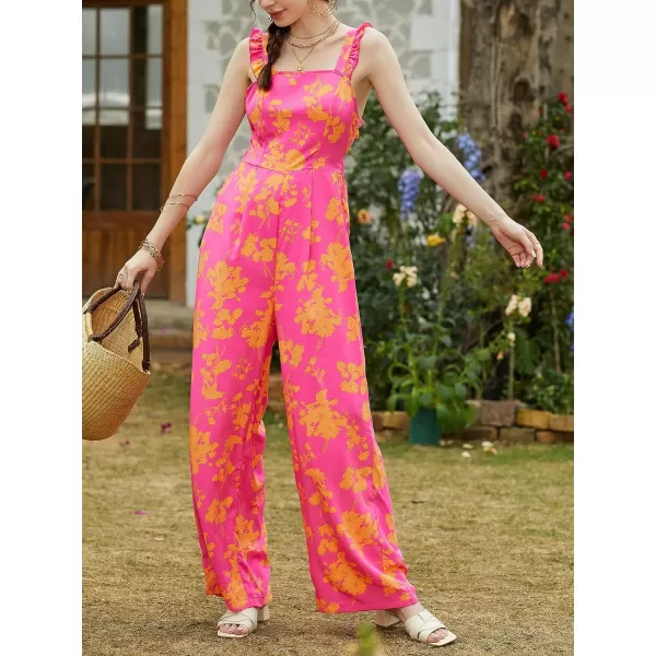 imageCUPSHE Womens Jumpsuits Floral Square Neck Ruffled Wide Leg Self Tie Back Overall Outfit Casual Beach Maxi RomperRed