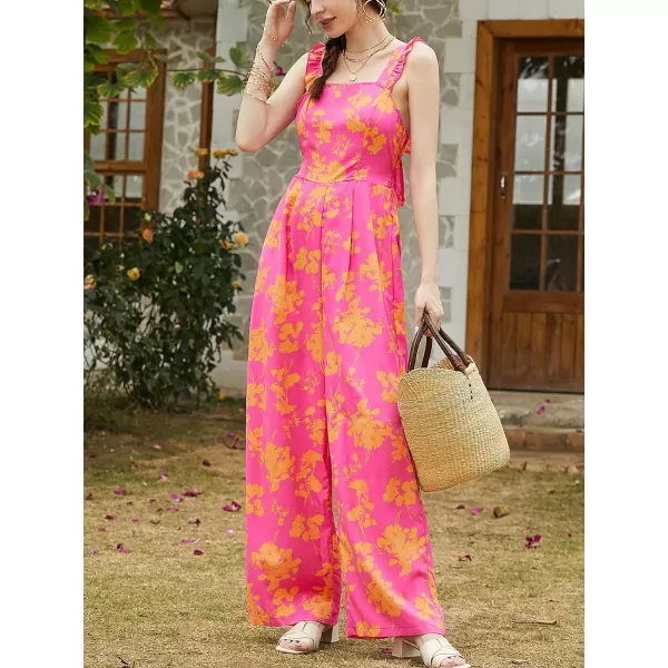 imageCUPSHE Womens Jumpsuits Floral Square Neck Ruffled Wide Leg Self Tie Back Overall Outfit Casual Beach Maxi RomperRed