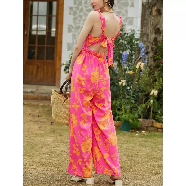 imageCUPSHE Womens Jumpsuits Floral Square Neck Ruffled Wide Leg Self Tie Back Overall Outfit Casual Beach Maxi RomperRed