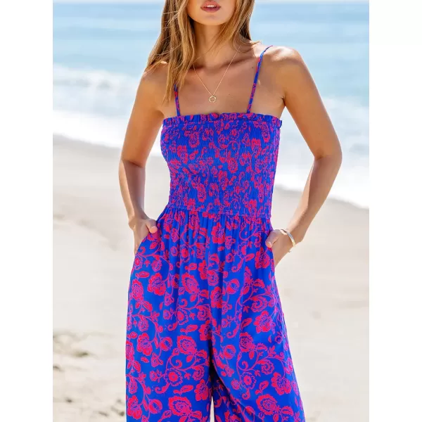 imageCUPSHE Womens Jumpsuits Floral Square Neck Smocked Bodice Jumpsuit Sleeveless Overall Straight Leg Outfit CasualPurple