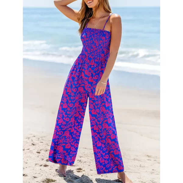 imageCUPSHE Womens Jumpsuits Floral Square Neck Smocked Bodice Jumpsuit Sleeveless Overall Straight Leg Outfit CasualPurple