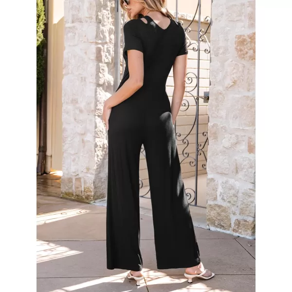 imageCUPSHE Womens Jumpsuits Front Zipper Short Sleeve Straight Leg Overall Crewneck Outfit Dressy CasualBlack