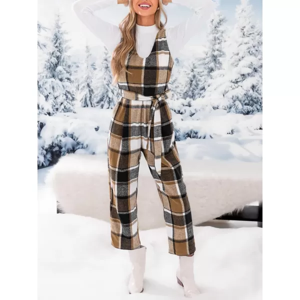 imageCUPSHE Womens Jumpsuits Gingham Sleeveless Belted Jumpsuit V Neck Sleeveless Outfit Casual DressyBrown