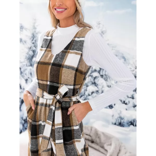 imageCUPSHE Womens Jumpsuits Gingham Sleeveless Belted Jumpsuit V Neck Sleeveless Outfit Casual DressyBrown