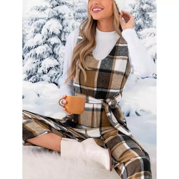 imageCUPSHE Womens Jumpsuits Gingham Sleeveless Belted Jumpsuit V Neck Sleeveless Outfit Casual DressyBrown