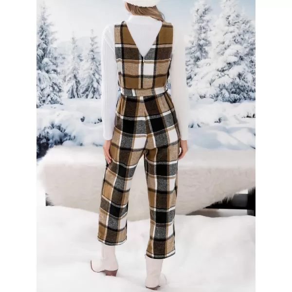 imageCUPSHE Womens Jumpsuits Gingham Sleeveless Belted Jumpsuit V Neck Sleeveless Outfit Casual DressyBrown
