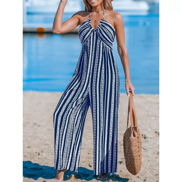 imageCUPSHE Womens Jumpsuits Halter Neck Sleeveless Wide Leg Overall Backless Outfit Casual BeachBlue