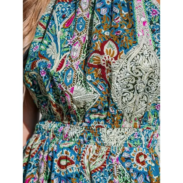 imageCUPSHE Womens Jumpsuits High Neck Smocked Waist Paisley Romper Sleeveless Straight Leg Overall Outfit Casual BeachBlue