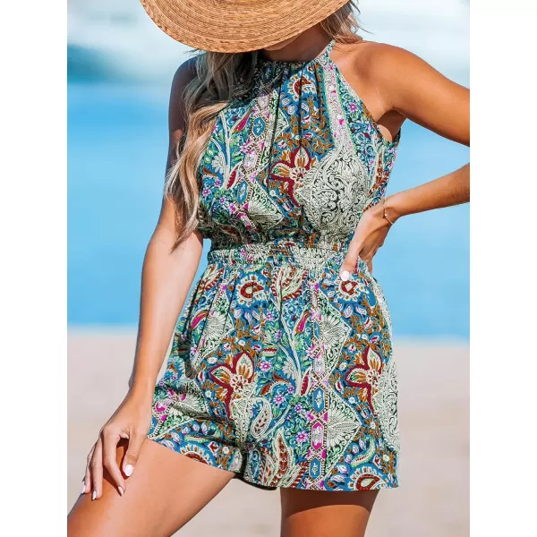 imageCUPSHE Womens Jumpsuits High Neck Smocked Waist Paisley Romper Sleeveless Straight Leg Overall Outfit Casual BeachBlue