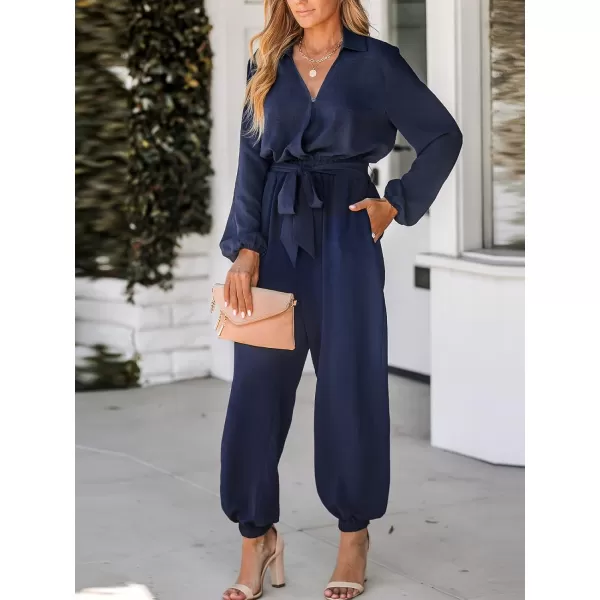 imageCUPSHE Womens Jumpsuits Midnight Blue Belted Jogger Jumpsuits Long Sleeve Outfit Casual DressyBlue