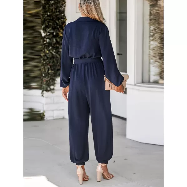 imageCUPSHE Womens Jumpsuits Midnight Blue Belted Jogger Jumpsuits Long Sleeve Outfit Casual DressyBlue
