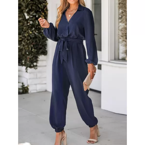 imageCUPSHE Womens Jumpsuits Midnight Blue Belted Jogger Jumpsuits Long Sleeve Outfit Casual DressyBlue