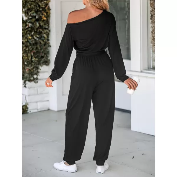 imageCUPSHE Womens Jumpsuits Onyx OneShoulder Belted Jogger Jumpsuit Long Sleeve Outfit Casual DressyBlack