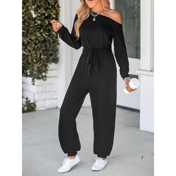 imageCUPSHE Womens Jumpsuits Onyx OneShoulder Belted Jogger Jumpsuit Long Sleeve Outfit Casual DressyBlack