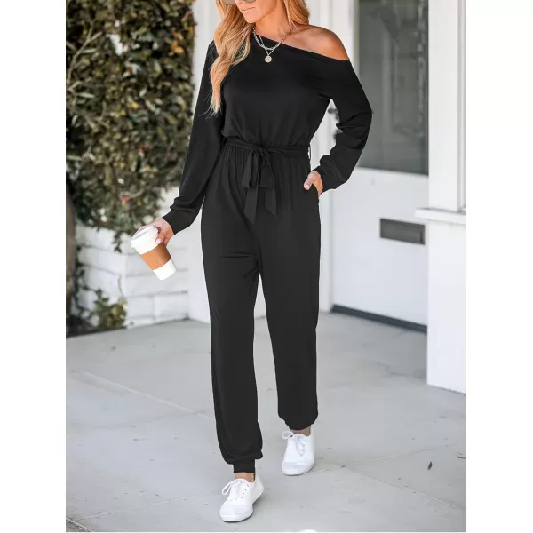imageCUPSHE Womens Jumpsuits Onyx OneShoulder Belted Jogger Jumpsuit Long Sleeve Outfit Casual DressyBlack