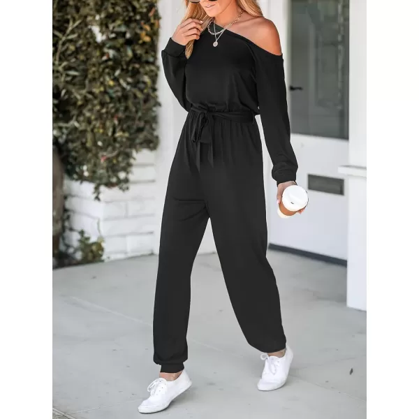 imageCUPSHE Womens Jumpsuits Onyx OneShoulder Belted Jogger Jumpsuit Long Sleeve Outfit Casual DressyBlack
