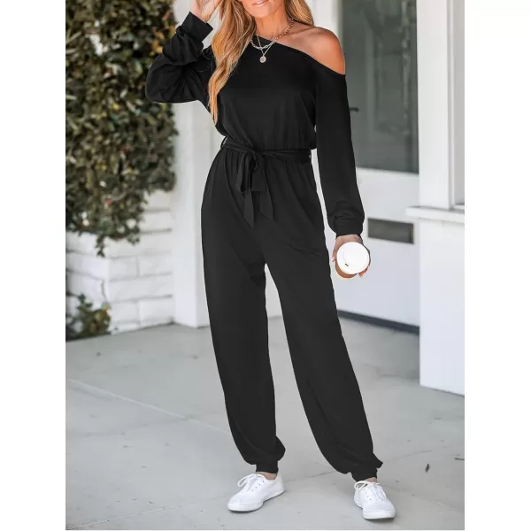 imageCUPSHE Womens Jumpsuits Onyx OneShoulder Belted Jogger Jumpsuit Long Sleeve Outfit Casual DressyBlack