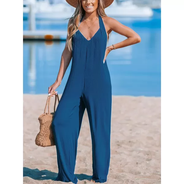 imageCUPSHE Womens Jumpsuits Plunging Sleeveless Wide Leg Overall Deep V Neck Outfit Casual DressyNavy