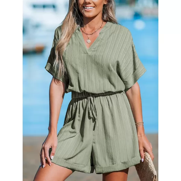 imageCUPSHE Womens Jumpsuits Ribbed Cuffed Romper Wide leg Overall V Neck Short Sleeve Outfit Casual DressyGreen