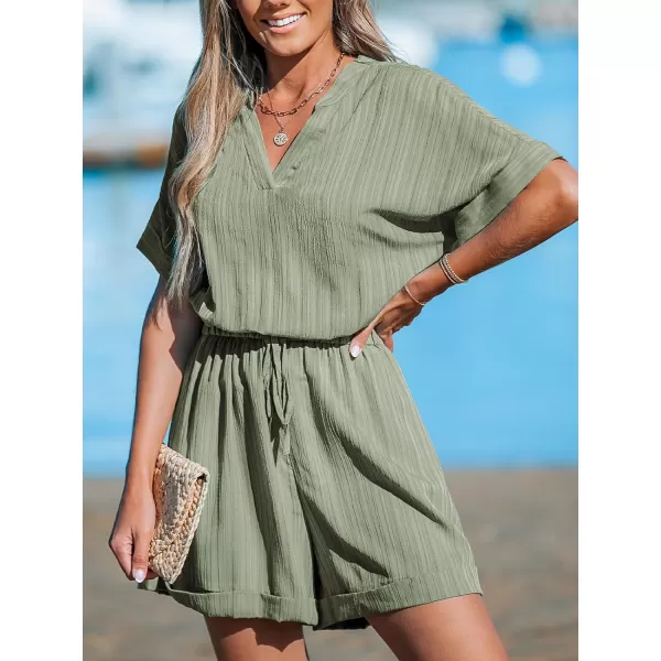 imageCUPSHE Womens Jumpsuits Ribbed Cuffed Romper Wide leg Overall V Neck Short Sleeve Outfit Casual DressyGreen