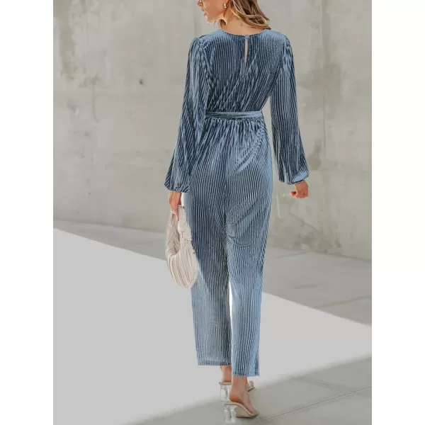 imageCUPSHE Womens Jumpsuits Ribbed Velvet Belted Long Sleeve Jumpsuit V Neck Outfit Casual Party DressyBlue