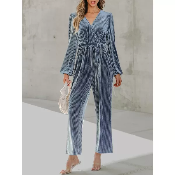 imageCUPSHE Womens Jumpsuits Ribbed Velvet Belted Long Sleeve Jumpsuit V Neck Outfit Casual Party DressyBlue