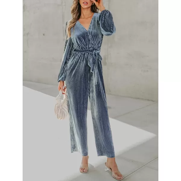 imageCUPSHE Womens Jumpsuits Ribbed Velvet Belted Long Sleeve Jumpsuit V Neck Outfit Casual Party DressyBlue