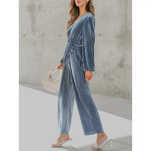imageCUPSHE Womens Jumpsuits Ribbed Velvet Belted Long Sleeve Jumpsuit V Neck Outfit Casual Party DressyBlue