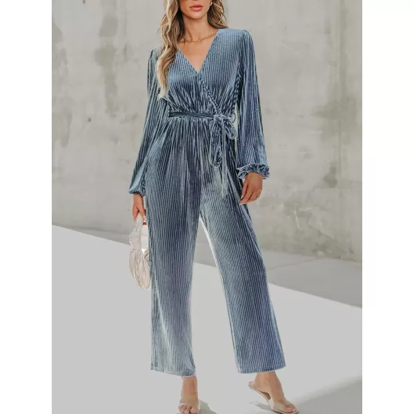 imageCUPSHE Womens Jumpsuits Ribbed Velvet Belted Long Sleeve Jumpsuit V Neck Outfit Casual Party DressyBlue