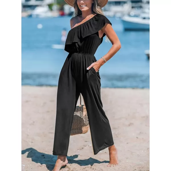 imageCUPSHE Womens Jumpsuits Ruffled One Shoulder Straight Leg Overall Sleeveless Outfit CasualBlack