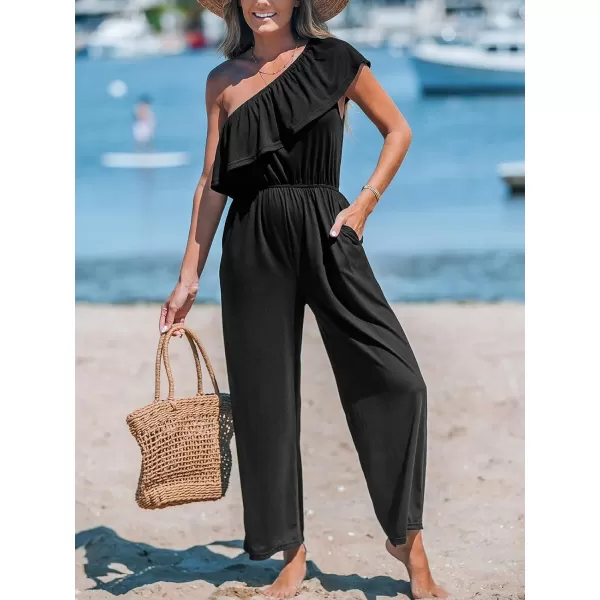 imageCUPSHE Womens Jumpsuits Ruffled One Shoulder Straight Leg Overall Sleeveless Outfit CasualBlack