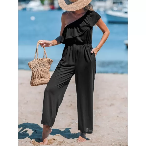 imageCUPSHE Womens Jumpsuits Ruffled One Shoulder Straight Leg Overall Sleeveless Outfit CasualBlack