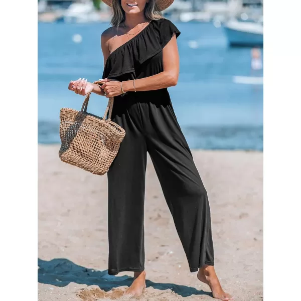 imageCUPSHE Womens Jumpsuits Ruffled One Shoulder Straight Leg Overall Sleeveless Outfit CasualBlack