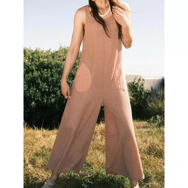 imageCUPSHE Womens Jumpsuits Scoop Neck Patch Pockets Loose Fit Overall Sleeveless Wide Leg Outfit CasualBrown