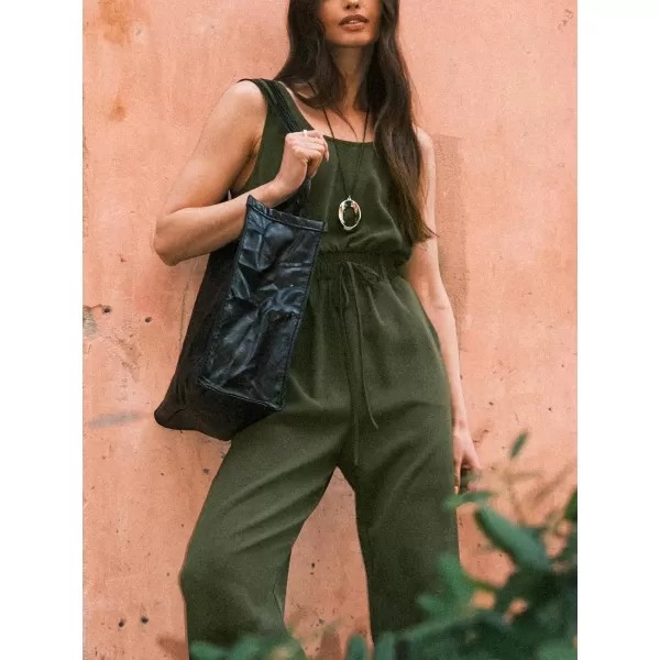 imageCUPSHE Womens Jumpsuits Scoop Neck Waist Tie Overall Sleeveless Wide Leg Loose Fit Outfit Dressy CasualGreen