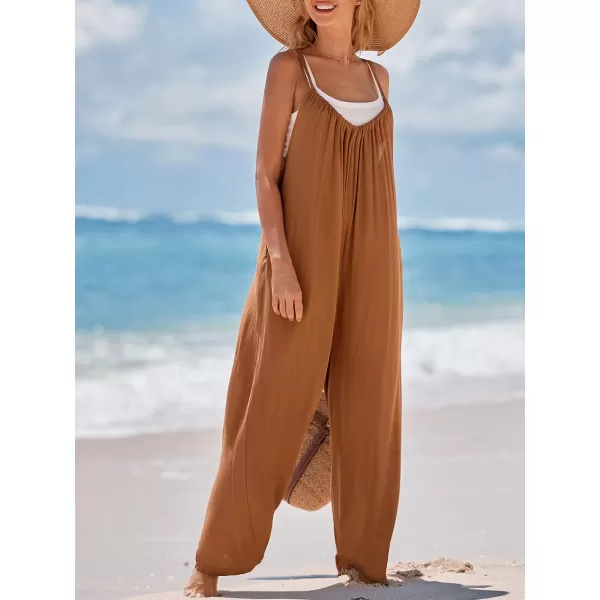 imageCUPSHE Womens Jumpsuits Scoop neckline Sleeveless Wide leg Romper Long Overall Outfit Casual DressyBrown