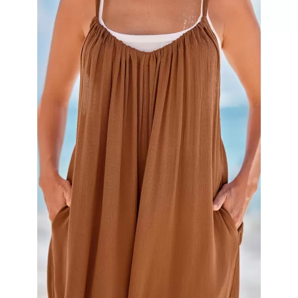 imageCUPSHE Womens Jumpsuits Scoop neckline Sleeveless Wide leg Romper Long Overall Outfit Casual DressyBrown