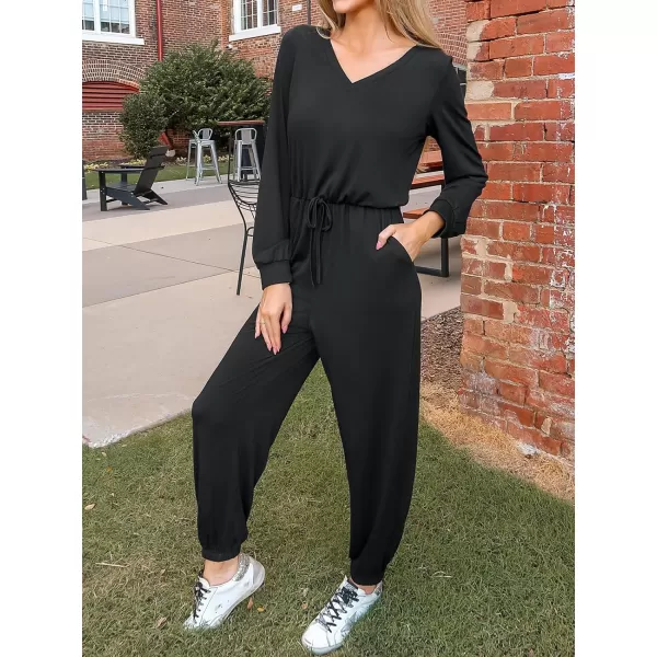 imageCUPSHE Womens Jumpsuits Shadow Cutout VNeck Jogger Jumpsuit Long Sleeve Outfit Casual DressyBlack