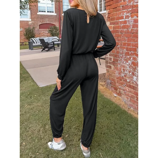 imageCUPSHE Womens Jumpsuits Shadow Cutout VNeck Jogger Jumpsuit Long Sleeve Outfit Casual DressyBlack