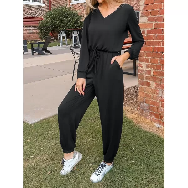 imageCUPSHE Womens Jumpsuits Shadow Cutout VNeck Jogger Jumpsuit Long Sleeve Outfit Casual DressyBlack