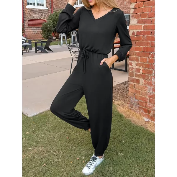 imageCUPSHE Womens Jumpsuits Shadow Cutout VNeck Jogger Jumpsuit Long Sleeve Outfit Casual DressyBlack