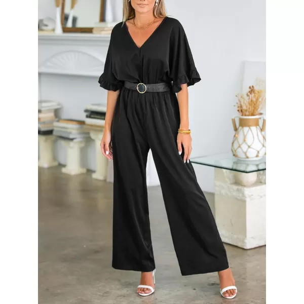 imageCUPSHE Womens Jumpsuits Short Sleeve Ruffle Wide Leg Overall V Neck Outfit CasualBlack