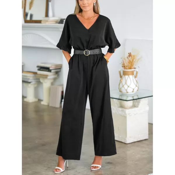 imageCUPSHE Womens Jumpsuits Short Sleeve Ruffle Wide Leg Overall V Neck Outfit CasualBlack