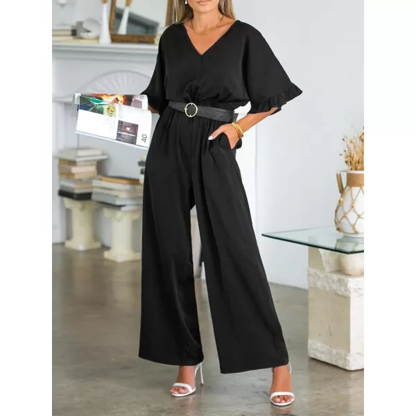 imageCUPSHE Womens Jumpsuits Short Sleeve Ruffle Wide Leg Overall V Neck Outfit CasualBlack