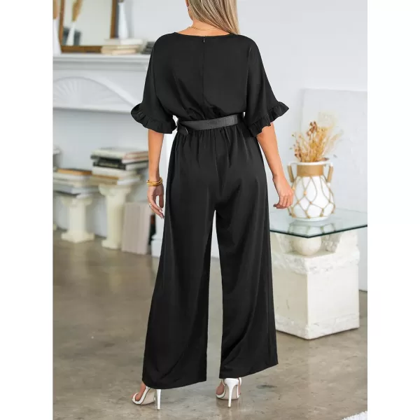 imageCUPSHE Womens Jumpsuits Short Sleeve Ruffle Wide Leg Overall V Neck Outfit CasualBlack