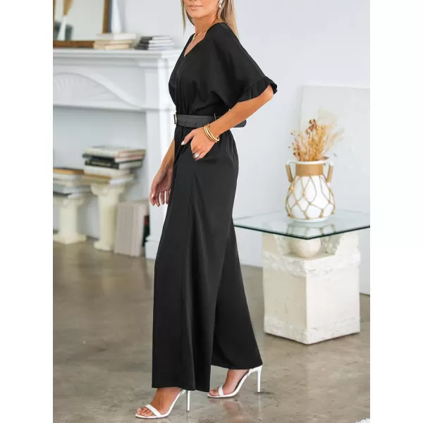 imageCUPSHE Womens Jumpsuits Short Sleeve Ruffle Wide Leg Overall V Neck Outfit CasualBlack