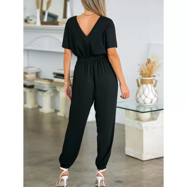 imageCUPSHE Womens Jumpsuits Short Sleeve Tapered Leg Jersey Overall V Neck Outfit CasualBlack