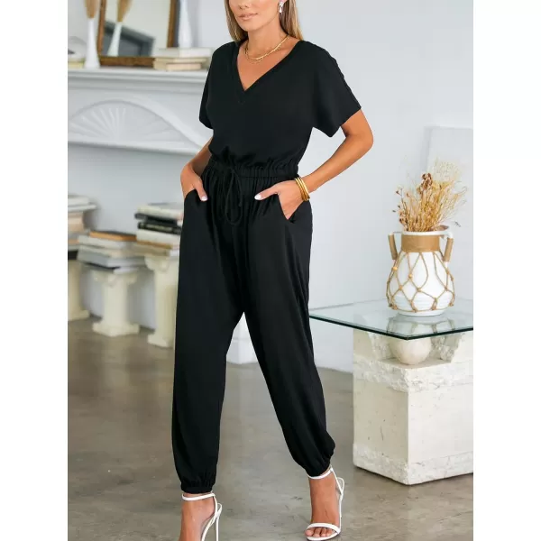 imageCUPSHE Womens Jumpsuits Short Sleeve Tapered Leg Jersey Overall V Neck Outfit CasualBlack